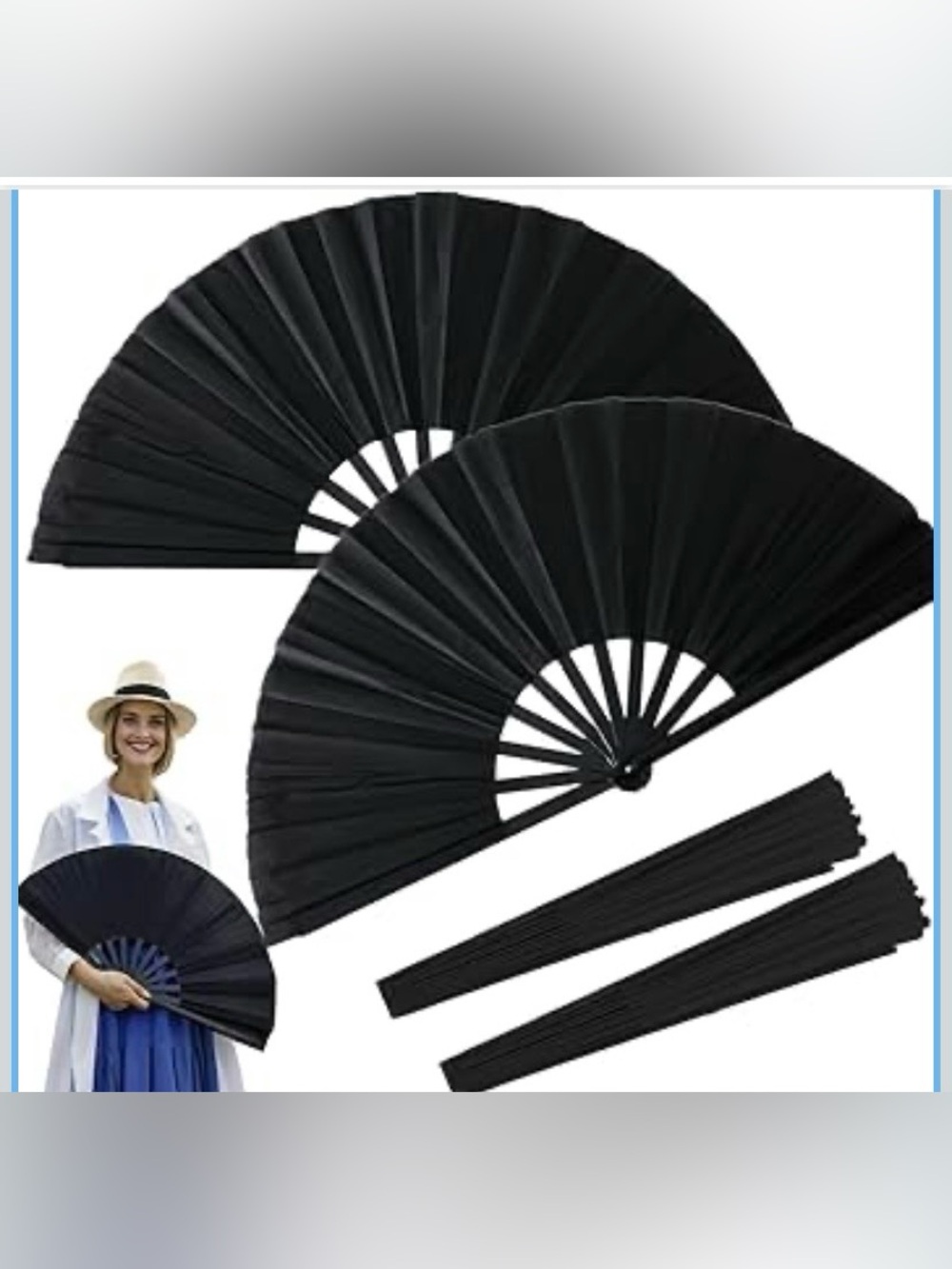 Black Folding Hand Fan set of 2 oversized fan black umbrella material - Picture 2 of 4